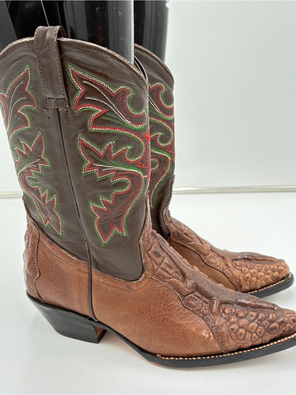 Vtg Handmade Crocodile Embroidered Two Tone Brown Leather Cowboy Boots Size 7.5